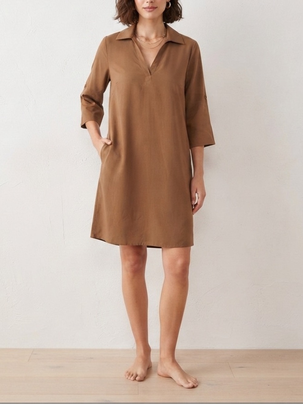 SHEIN Brown Collared V-Neck Midi Shirt Dress